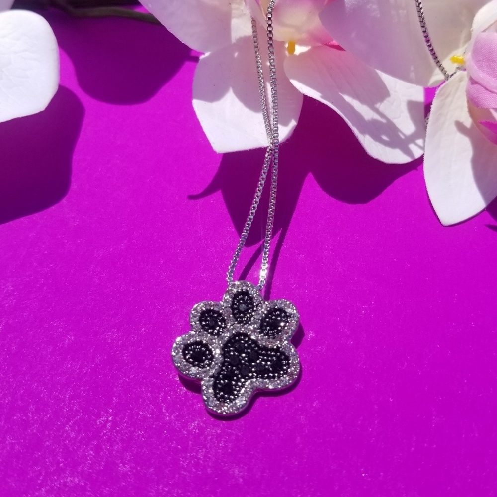 Dog Paw Black crystal Silver Necklace
